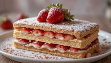 This beautiful dessert features layers of puff pastry, creamy filling, and juicy strawberries,