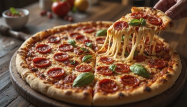 A slice of pizza is being lifted, showcasing the stretchy, melted cheese and inviting flavors, AI