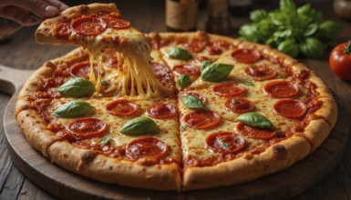 A slice of pizza is being lifted, showcasing the stretchy cheese and inviting textures of the meal,