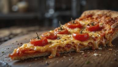 This mouthwatering pizza slice features juicy tomatoes and bubbling cheese, perfect for a quick