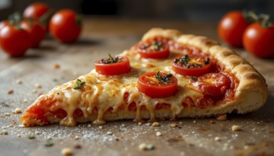 This appetizing pizza slice is topped with juicy tomatoes and herbs, perfect for food and culinary