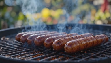 Sizzling sausages cook over hot coals on a backyard grill, perfect for a summer cookout or