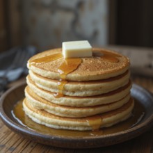 A delicious stack of pancakes is topped with a pat of butter and drizzled with sweet maple syrup,