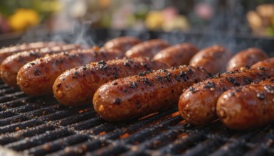 Smoked sausages sizzle on a hot grill, perfect for a backyard barbecue or a summer feast, AI
