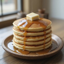 A delicious breakfast of pancakes is drizzled with warm maple syrup and topped with a pat of