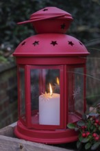 Red lantern with burning candle surrounded by a festive atmosphere, North Rhine-Westphalia, Germany