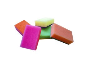 Multi-colored dishwashing sponges on a white background