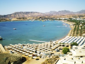 Panorama of the tropical azure and turquoise Red Sea near the central ancient part of the resort