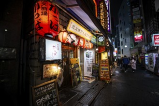 Alley with neon signs, paper lanterns and advertising signs at night, Udagawacho, Shibuya, Tokyo,