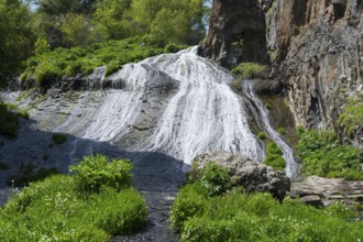 A bright waterfall snakes through green plants and rocks in sunny nature, Jermuk Waterfall, Vayots