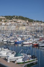 Densely packed sailboats and yachts with numerous masts in the port of Sete, with the densely built
