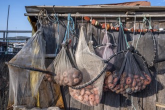 Close-up of various fishing nets and fish traps with red floats and shackles suspended for drying