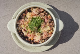 Traditional dish, gray peas with bacon, pelekie zirni, Latvia