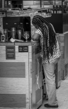 Black and white photography, street art, employees at the Time Out Market in the old town, Lisbon,