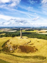 Waterloo Monument over Scottish fields and farms from a drone, Jedburgh, Scotland, UK