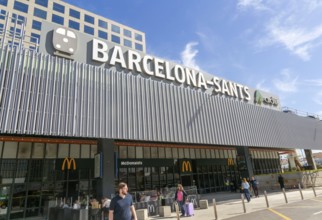 Outside Barcelona-Sants railway station building in city centre, Barcelona, Catalonia, Spain
