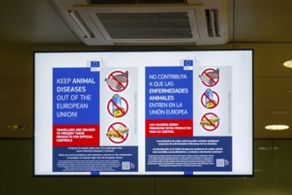 European Union sign about animal disease control from imported food products, Barcelona airport,