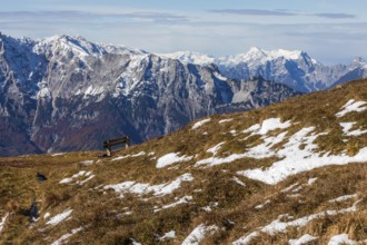 Autumn atmosphere, viewing bench, snow on mountain peaks, Eisenerzer Alps, Styria, Austria