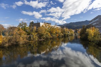 New town hall of the city of Leoben on the river Mur, autumn foliage, Leoben, Styria, Austria