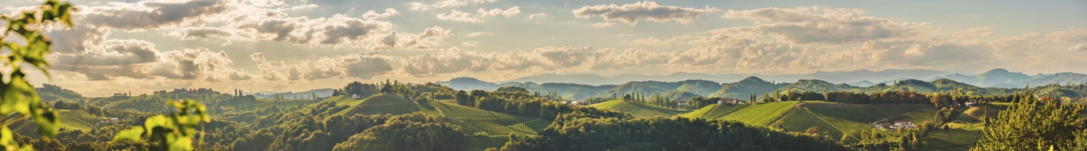 Rolling hills and dramatic clouds create a scenic vista at sunset, Gamlitz, Austria