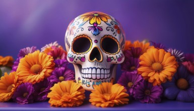 A vibrant sugar skull adorned with floral designs, surrounded by orange and purple flowers against