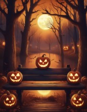 Park bench with five illuminated carved pumpkins under a bright full moon in a dark forest,