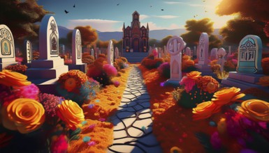 Vibrant cemetery filled with colorful flowers and ornate gravestones, leading to a church. The
