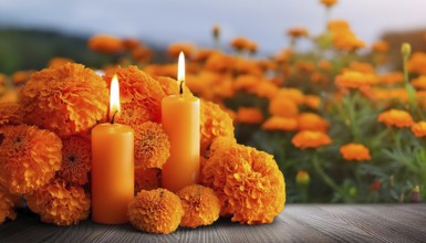 Two lit candles surrounded by vibrant marigolds, set on a wooden surface, creating a serene