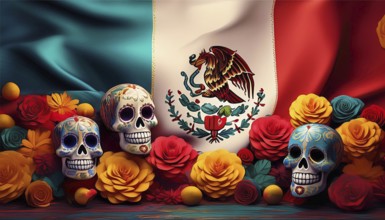 Vibrantly painted skulls and colorful floral decorations placed in front of the Mexican flag,