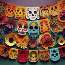 A close-up of vibrant papel picado and intricately designed skull decorations, showcasing the