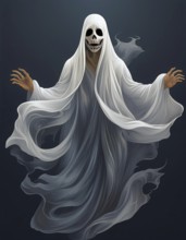 Grim reaper with a skeletal face and outstretched hands, cloaked in flowing white robes against a