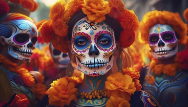 Neon sign, sugar skull, day of the dead, dia de los muertos, neon, brick wall, skull, illuminated,