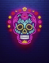 A vibrant neon sugar skull design is illuminated against a dark brick wall, symbolizing the