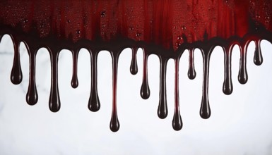 Close-up of dark red liquid dripping down on a white surface, creating a dramatic and eerie effect,