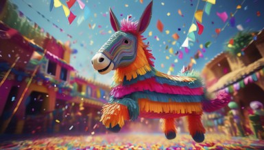 A colorful donkey piñata in mid-air surrounded by festive decorations and confetti, set against a