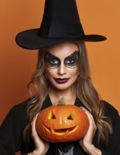 A woman dressed as a witch, with dark makeup and a black hat, holds a carved pumpkin while standing