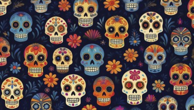 Vibrant pattern of colorful sugar skulls and flowers on a dark background, symbolizing the Dia de