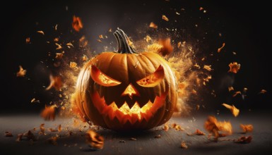 A menacing glowing jack-o'-lantern surrounded by flying autumn leaves creates a fiery and spooky