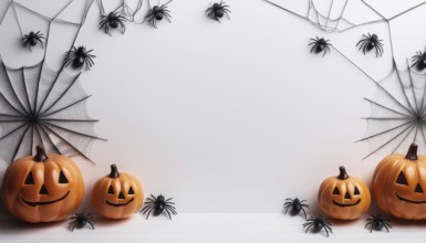 Carved jack-o'-lanterns are surrounded by black spider webs and plastic spiders against a clean