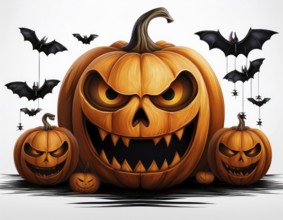 Large jack-o-lanterns with menacing faces surrounded by flying bats create a spooky Halloween scene