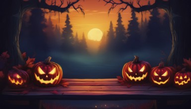 Halloween scene featuring glowing jack-o'-lanterns on a wooden bench, framed by trees in a spooky