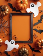 A Halloween-themed frame surrounded by pumpkins, ghost cutouts, bats, spiders, and a spiderweb on a