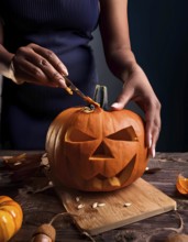 A close-up of a person carving a spooky jack-o'-lantern on a wooden board, preparing for Halloween,