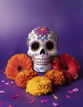 A vibrant sugar skull adorned with floral designs, surrounded by marigolds and gerbera daisies
