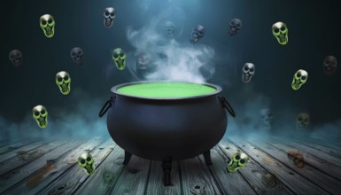 A large black cauldron filled with a glowing green potion surrounded by eerie floating skulls. The