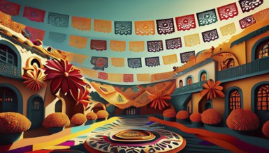 A colorful Mexican courtyard decorated with vibrant papel picado banners and marigold flowers,