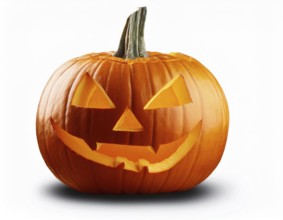 A bright orange Halloween pumpkin carved with a spooky smiling face, displayed against a plain