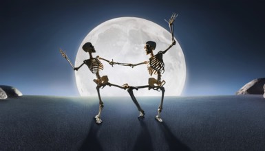 Two skeletons dance under a bright full moon, casting long shadows on the ground, creating a spooky