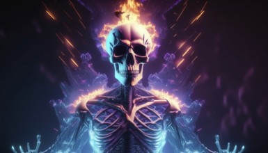 A glowing skeleton with a fiery skull radiates vibrant colors in a dark Halloween scene. The flames