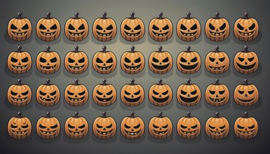 A seamless pattern of jack-o'-lantern faces showing various spooky and mischievous expressions.